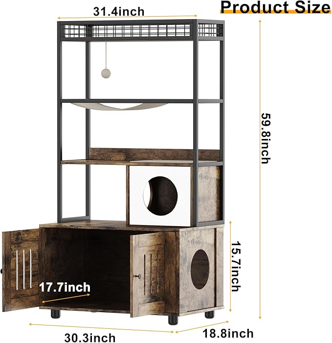 Garvee Cat Litter Box Enclosures with Storage Rack, Enclosed Litter Box Furniture, Hammock, Sisal Balls and Cat Scratching Mat