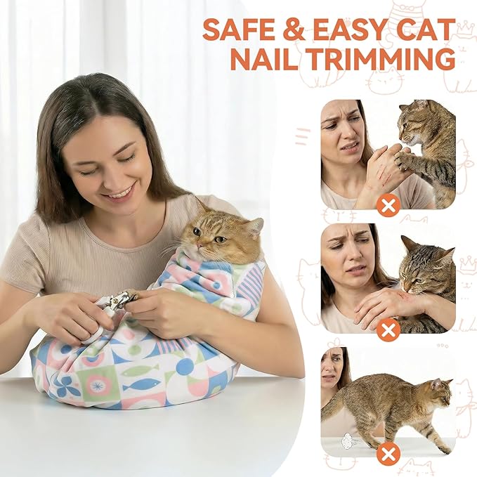 BFNN Cat Grooming Wrap for Cutting Nails, 21.6" Anti-Escape Calming Cat Swaddle Wrap for Medicine, Nail Clipping, Teeth Brushing, Ear Cleaning, Self-Adherent Burrito Restraint, (Geometric Fish, M)
