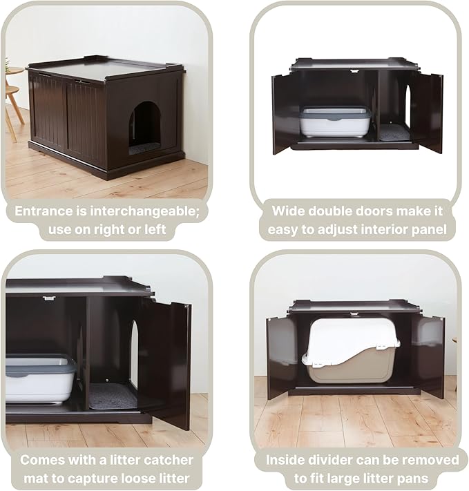 Trixie XL Furniture Litter Box Enclosure (Espresso Brown), Hidden Litter Box for Cats with Openings on Either Ends & Large Ventilations Slots, Double Doors for Easy Cleaning, Removable Divider