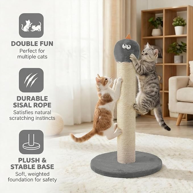 Cat Scratching Post for Small Space, 22'' Scratching Posts for Indoor Cats Adults, Extra Wide 13.4" Stable Base & Natural Sisal, Cute Cat Scratching Post with Short Plush Fabric for Large Cats, Gray