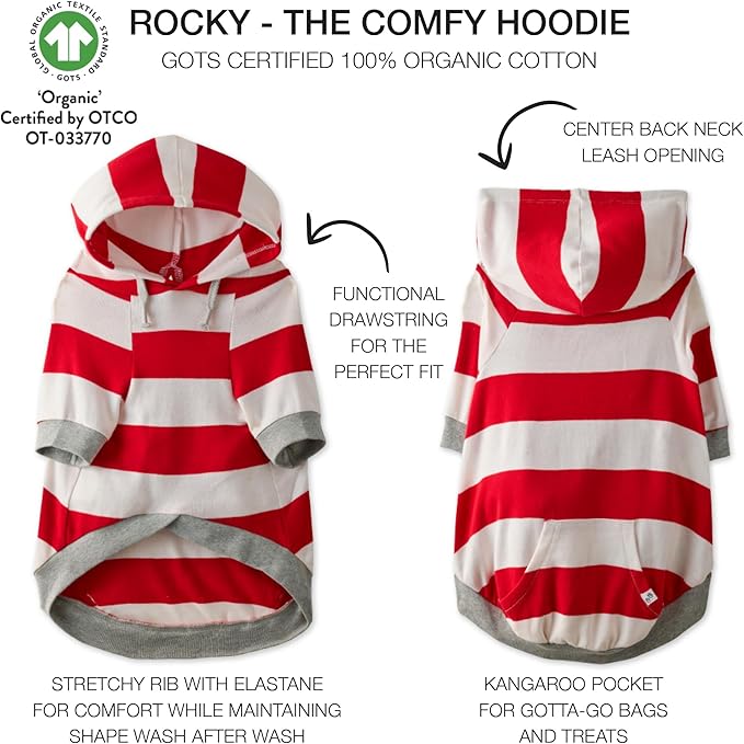 Pet Passion Rocky – The Original Lightweight Hooded Tee 100% Organic Cotton Dog Hoodie Pet Coat Sweater for All Sized Dogs, Red Bold Stripe, XX-Small (4-7 lbs)