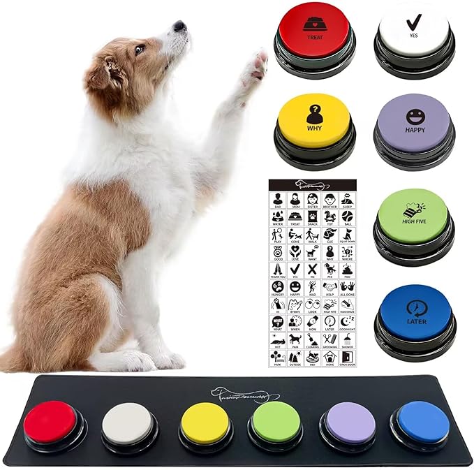 RIBOSY Set of 6 Recordable Buttons with Rubber Mat and 50 Training Stickers, Dog Buttons for Communication - Record& Playback Your Own Voice to Train Your Pet Voice What They Want（Battery Included）