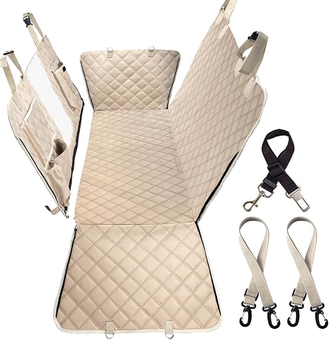 Dog Car Seat Cover for Back Seat with Hard Bottom,Waterproof Back Seat Extender for Dogs,Dog Hammock Dogs Bed for Cars, SUVs,Pet Seat Cover for Back Seat Holds 400lbs with Mesh Window & Pocket-Khaki