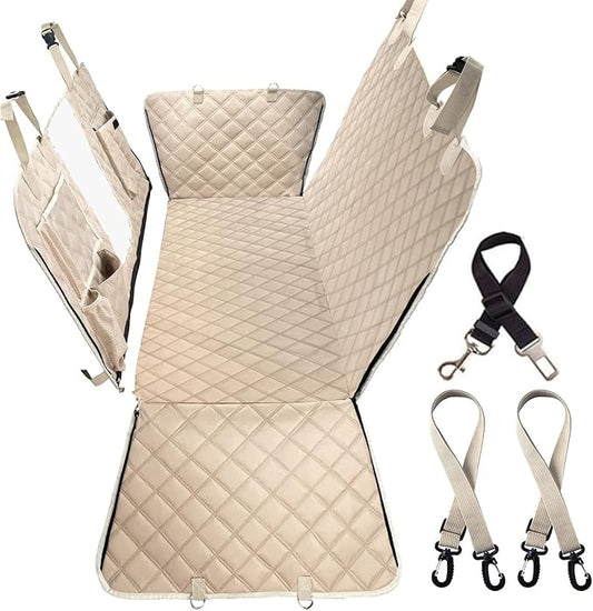 Dog Car Seat Cover for Back Seat with Hard Bottom,Waterproof Back Seat Extender for Dogs,Dog Hammock Dogs Bed for Cars, SUVs,Pet Seat Cover for Back Seat Holds 400lbs with Mesh Window & Pocket-Khaki
