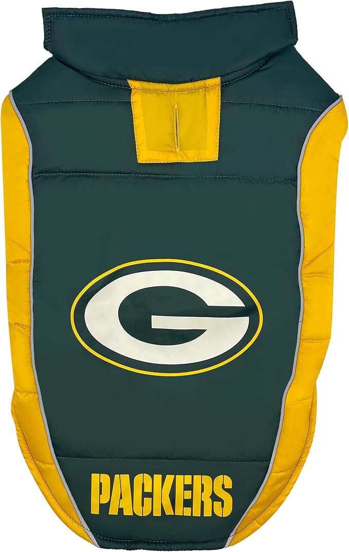 NFL Green Bay Packers Puffer Vest for Dogs & Cats, Size Large. Warm, Cozy, and Waterproof Dog Coat, for Small and Large Dogs/Cats. Best NFL Licensed PET Warming Sports Jacket