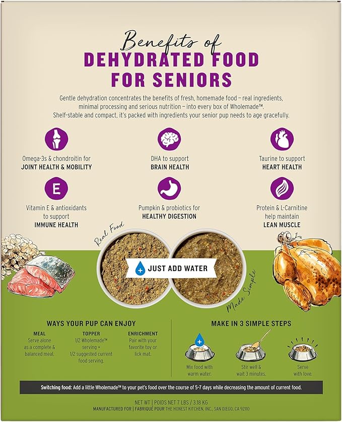 The Honest Kitchen Human Grade Wholemade Whole Grain Chicken, Oat & Salmon Dehydrated Senior Dog Food, 7lb Bag (Makes 28lbs)