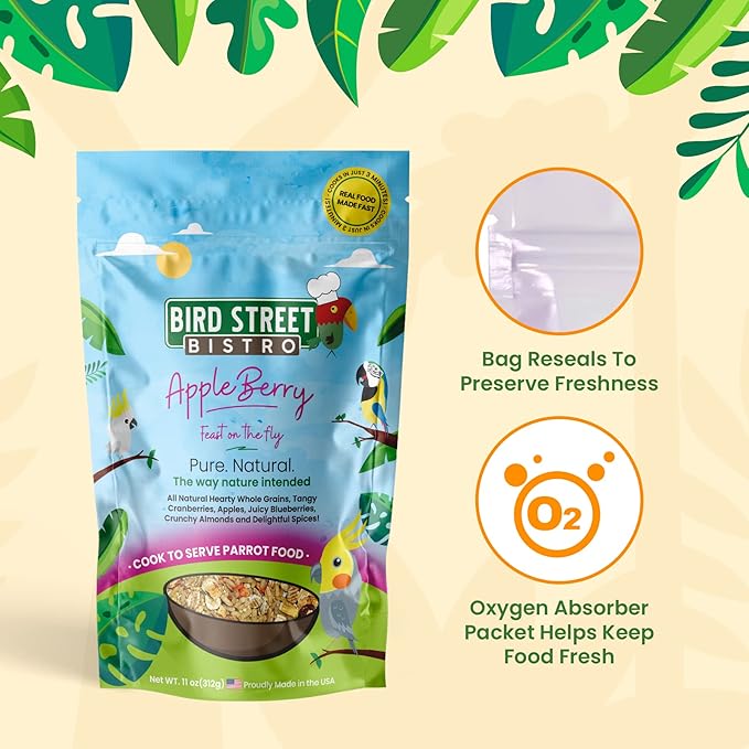 Bird Street Bistro Parrot Food - Parakeet & Cockatiel Food - Cooks in 3-15 min with Natural Wholesome Grains, Legumes, Non-GMO Fruits, Vegetables & Health Spices