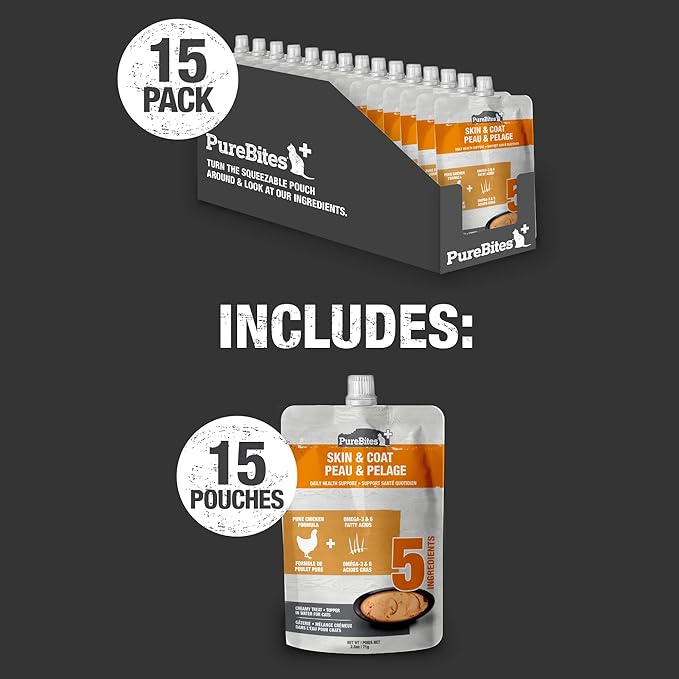 PureBites Plus Squeezables Cat Treat • Topper 71g | Skin & Coat | 5 Ingredients | Case of 15