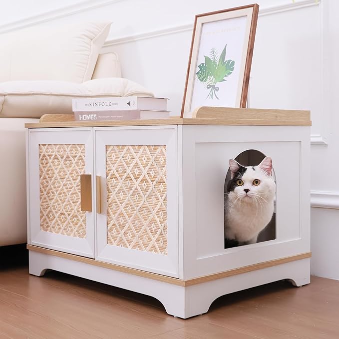 Boho Cat Litter Box Enclosure Furniture, Hidden Litter Box Cabinet with Rattan Doors, Modern Cat Washroom, Wooden Cat House with Reversible Entrance & Top Perch (29.6”L x 21”W x 20.8”H)