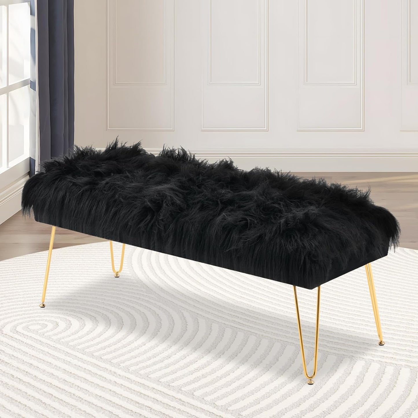 42.5 Inch Black Bedroom Bench, Benches for Bedroom White Faux Fur Upholstered Bed end Bench, Tufting Ottoman Bench Indoor Bench with Metal Legs for Living Room Bedroom Entryway, Black