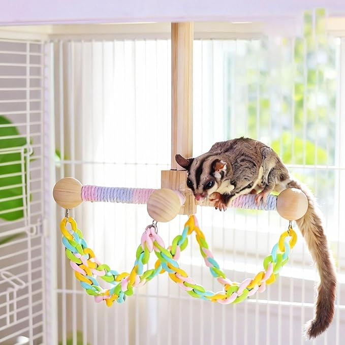 Wooden Pet Swing Toy - Bird Cage Hanging sSwing Perch Climbing Accessory, Natural Chew Safe Small Animal Toy | Hamster Guinea Pig