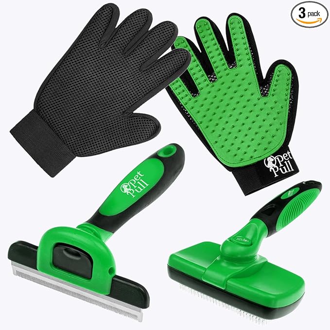 Complete Professional Pet Grooming Kit with Pet Hair Removal Tool brush Gloves, Self-Cleaning Slicker Brush, and Pro Grooming Dog Brush Deshedder Comb to Reduce Shedding (Green)
