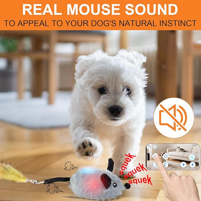 BABORUI Interactive Dog Toys Mouse, Automatic&APP Control Escaping Mice Squeaky Dog Toy with Lights & Auto-Turn, Rechargeable Moving Dog Toys for Small/Medium/Large Dogs & Cats(Grey)