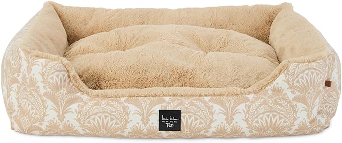 Nicole Miller New York PET Mod Damask Plushy Bolster Pet Bed, Cozy & Calming, Non-Slip Bottom, Machine Washable Cover, Taupe, Small 24"x19"x7"