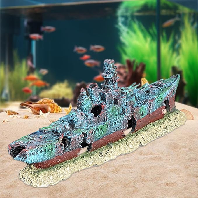 Aquarium Creative Warship Wreckage Ornament - Sunken Pirate Ship Decor for Fish Tank, Artificial Coral Reef Hideout Cave with Aquatic Plants, Unique Underwater Landscape Centerpiece for Aquatic Pets