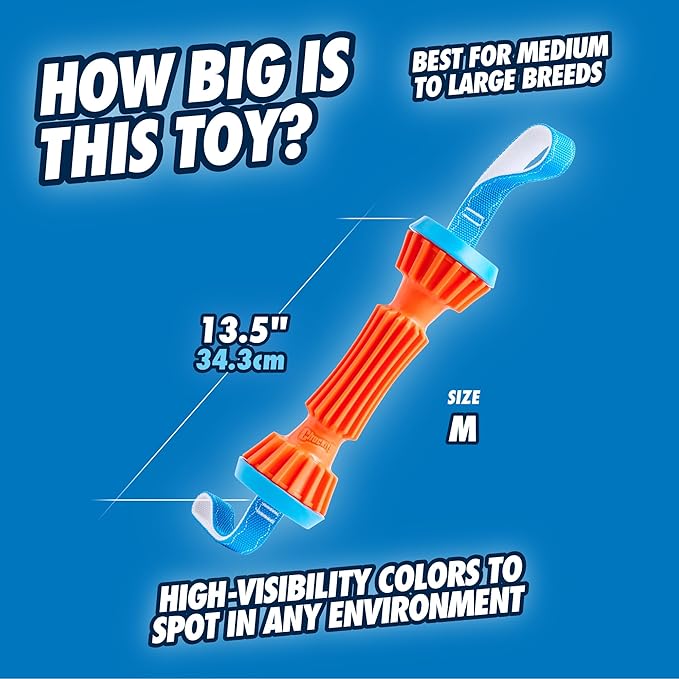 Chuckit! Rugged Bumper Dog Toy, Fetch Stick with TPR Ridges for Easy Grip, Medium Tug-of-War Toy for Medium Dogs, Floats in Water, 13.5", Orange and Blue (not recommended for Aggressive Chewers)