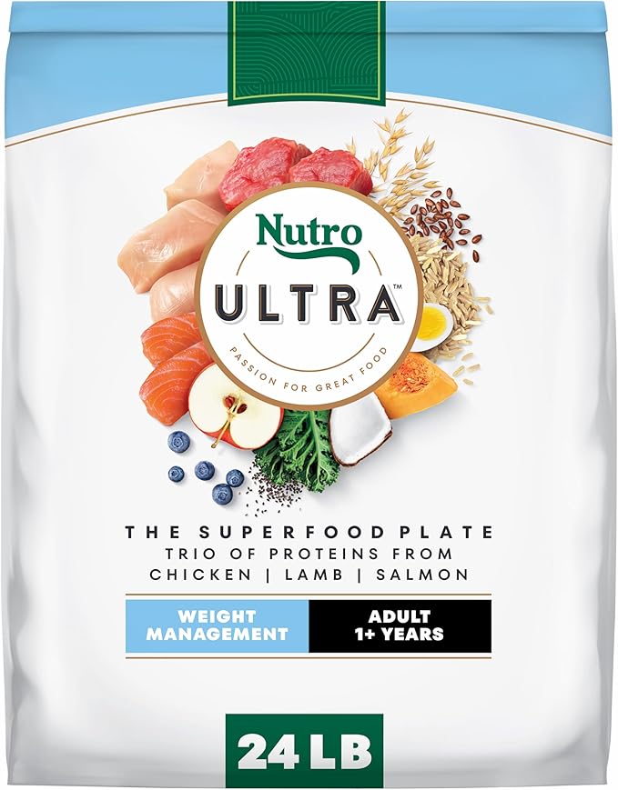 Nutro Ultra Adult Weight Management Dry Dog Food, Weight Management Dog Food Dry Chicken, Lamb and Salmon Recipe with a Protein Trio, 24 lb. Bag