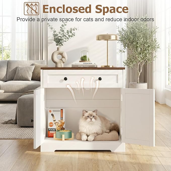 Cat Litter Box Enclosure with Storage Drawers, Hidden Litter Box Wooden Furniture, Modern Farmhouse Indoor Cat House, Multifunctional Side Table, White