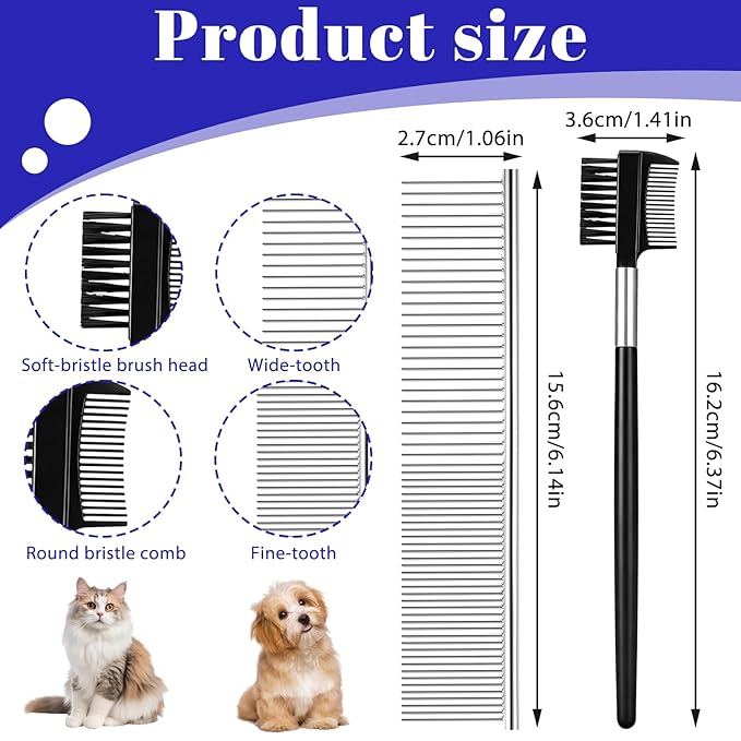 6-Pack Flea Comb for Dogs and Cats, Stainless Steel Dog Cat Grooming Combs with Rounded Tooth for Remove Fleas Lice Eggs Double-Sided Tear Stain Remover Pet Dematting Kit for All Types of Pets