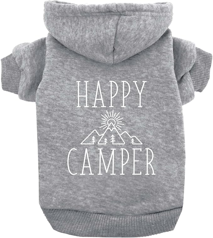 Happy Camping Pullover Fleece Lined Dog Hoodie with Leash Hole (Grey Hooded Sweatshirt)