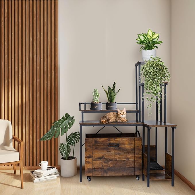 IDEALHOUSE 2024 New Hidden Litter Box Furniture - Cat Litter Box Enclosure Furniture with Flower Stand, Pullable Carring Tray, Coner Plant Stand, Corner Wooden Cat Washroom
