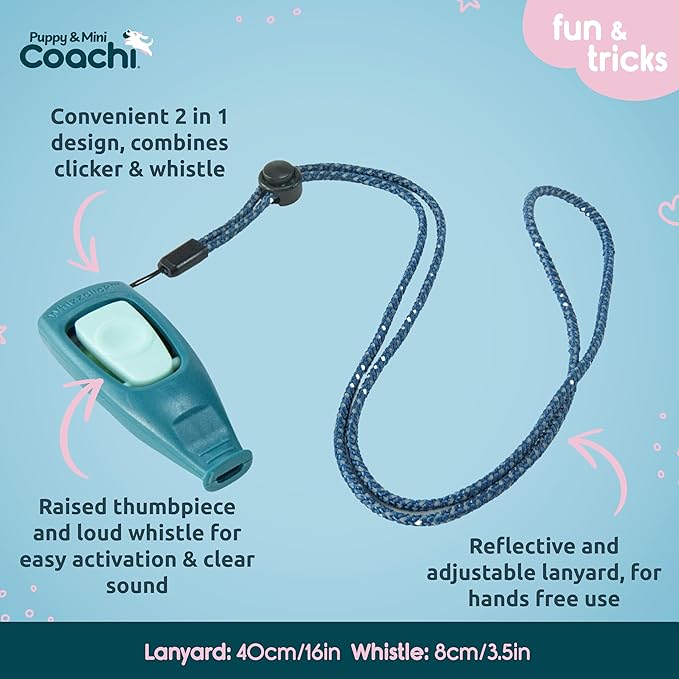 Coachi Puppy & Mini Whizzclick - 2-in-1 Combined Clicker and Whistle, Dog Training Whistle for Recall and Clicker Training for Rewarding, Adjustable and Reflective Lanyard, Suitable for Dogs & Puppies