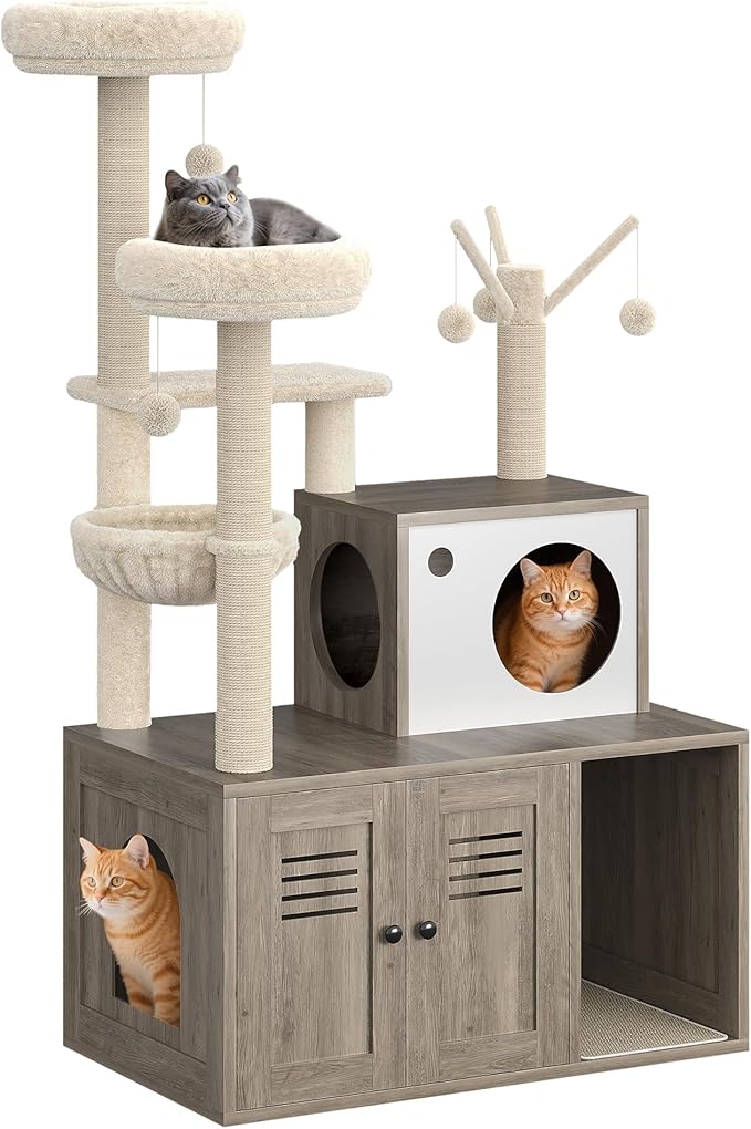 Modern Wooden Cat Tower with Hidden Litter Box Enclosure, Multi-Level Cat Condo, Scratching Posts, Cozy Hanging Basket & Toy, Durable Cat Tree Furniture for Indoor Cats, Smoke