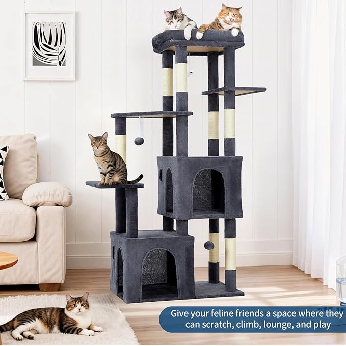 61.4 Inch Cat Tree, Large Cat Tower with Sisal Scratching Posts, 2 Spacious Cat Beds, Hanging Ball & Top Perch, Ideal for Large Indoor Adult Cats, Dark Gray