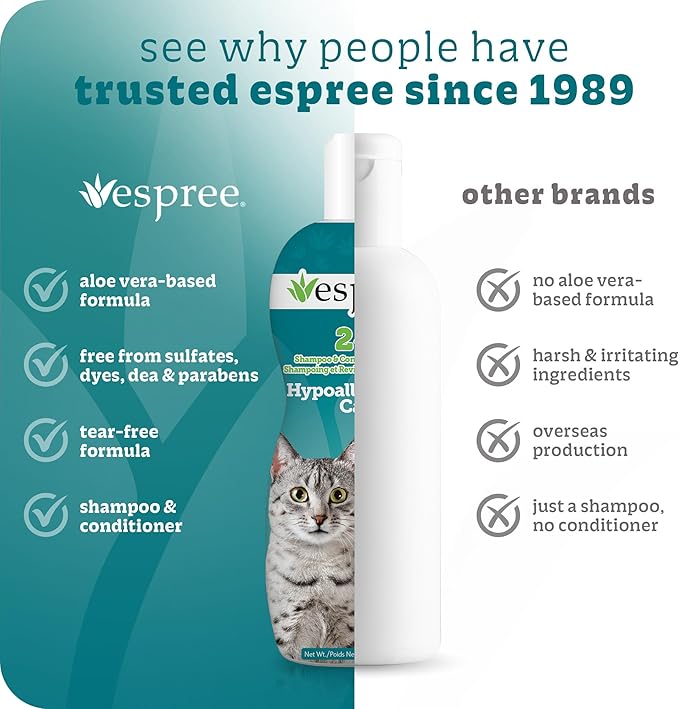Espree Hypoallergenic Cat Shampoo & Conditioner, Tearless Formula with Aloe Vera, Sulfate-Free, Paraben-Free, Harsh Chemical and Dye-Free, Safe for Sensitive Skin, 12oz