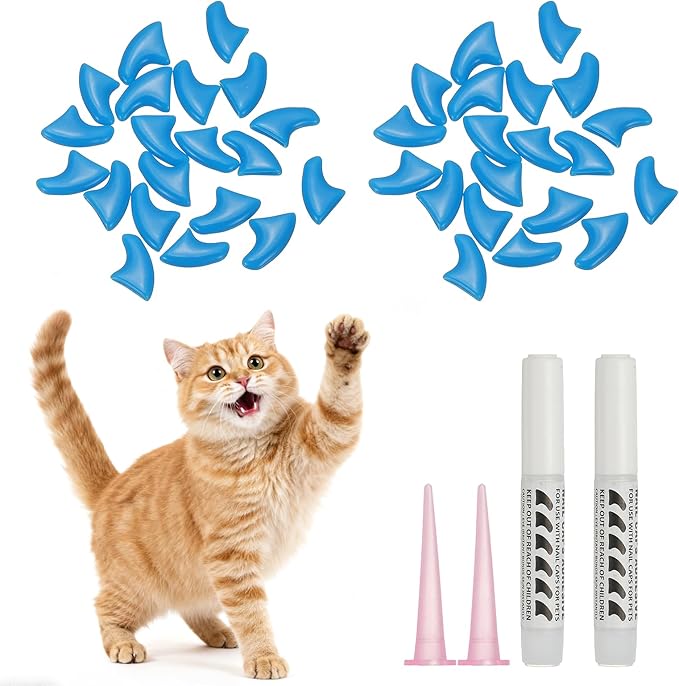 Cat Nail Caps, Cat Claw Covers with Adhesive Glue and Applicators, Kitten Claw Caps Soft Paws, (40 Pcs, M, Blue), Intended for Pet Tips/Nail Covers/Control Paws