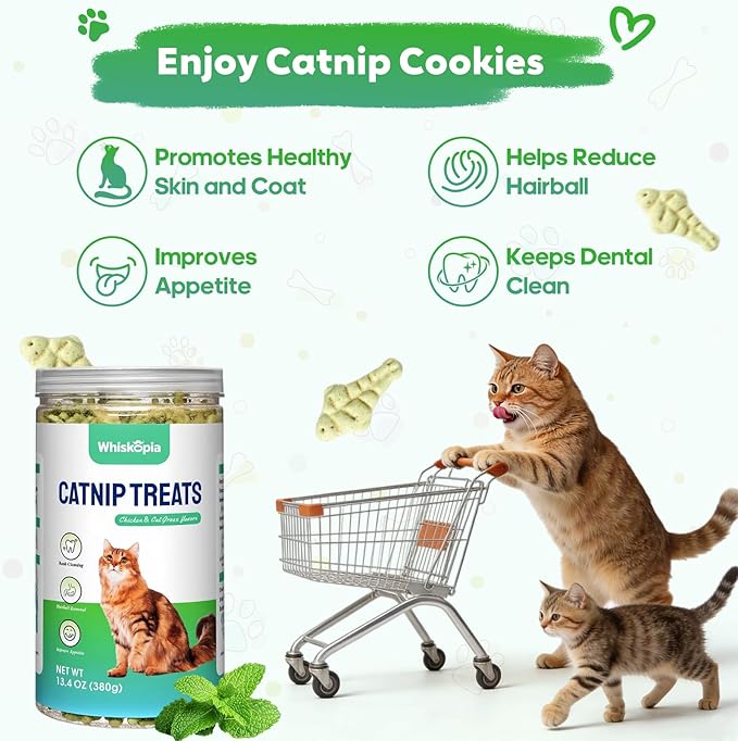 13.4 OZ Catnip Cat Treats for Indoor Cats with Cat Grass Hairball Control & Dental Care Natural Chicken Kitten Snacks Crunchy Training Biscuits for Teeth Cleaning