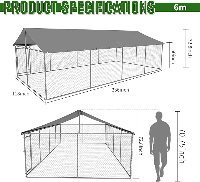 Outdoor Dog Enclosure Heavy Duty Dog Kennel House Mesh Dog Big Cage Pet Kennel Steel Fence with Secure Lock(19.68'*9.84')