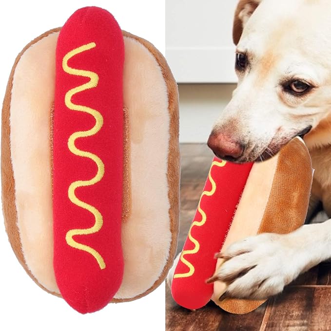 Hot Dog Plush Squeaky Toy for Dogs, Detachable Sausage, Pet Chew Toys for Small Medium Dogs Cats, 5.5 inch