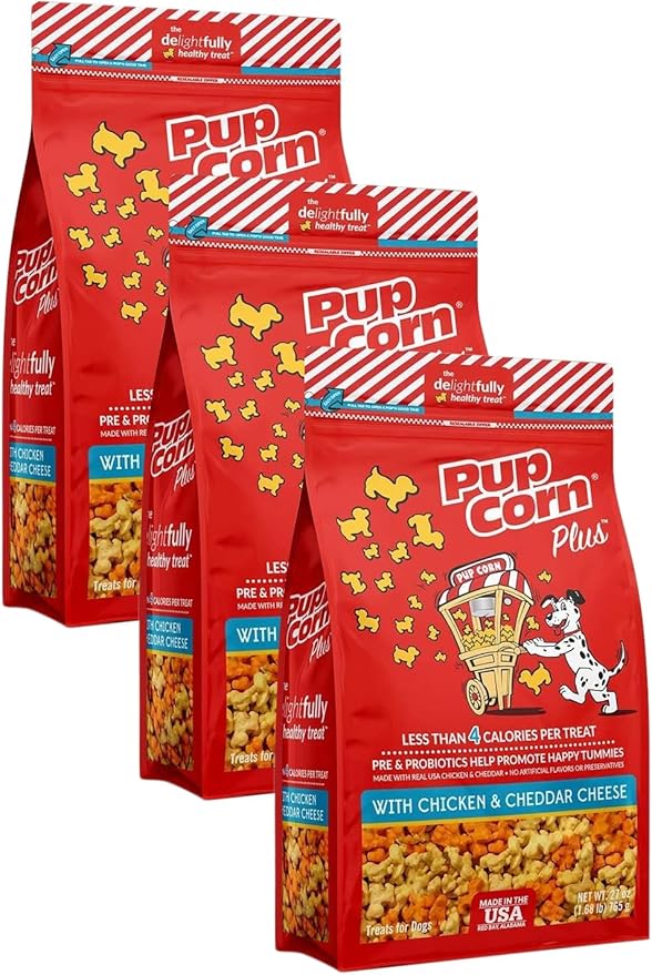 Pupcorn Plus - Puffed Dog Treats with Prebiotics and Probiotics - Chicken and Cheddar Cheese (4oz) - Made in USA (Pack of 3)