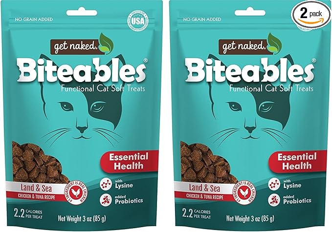 Get Naked Biteables Natural Soft Treats for Cats, Essential Health, Land & Sea Recipe, 3 oz, 1 Pouch (Pack of 2)