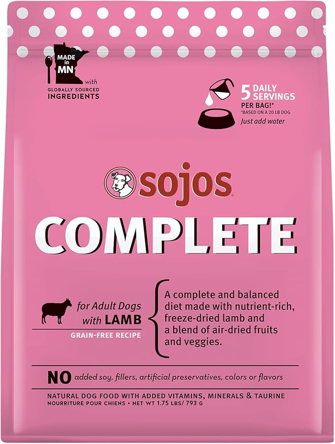 Sojos Complete Freeze Dried Raw Adult Dry Dog Food, Grain Free, Natural, Lamb Recipe, 1.75 lb Bag