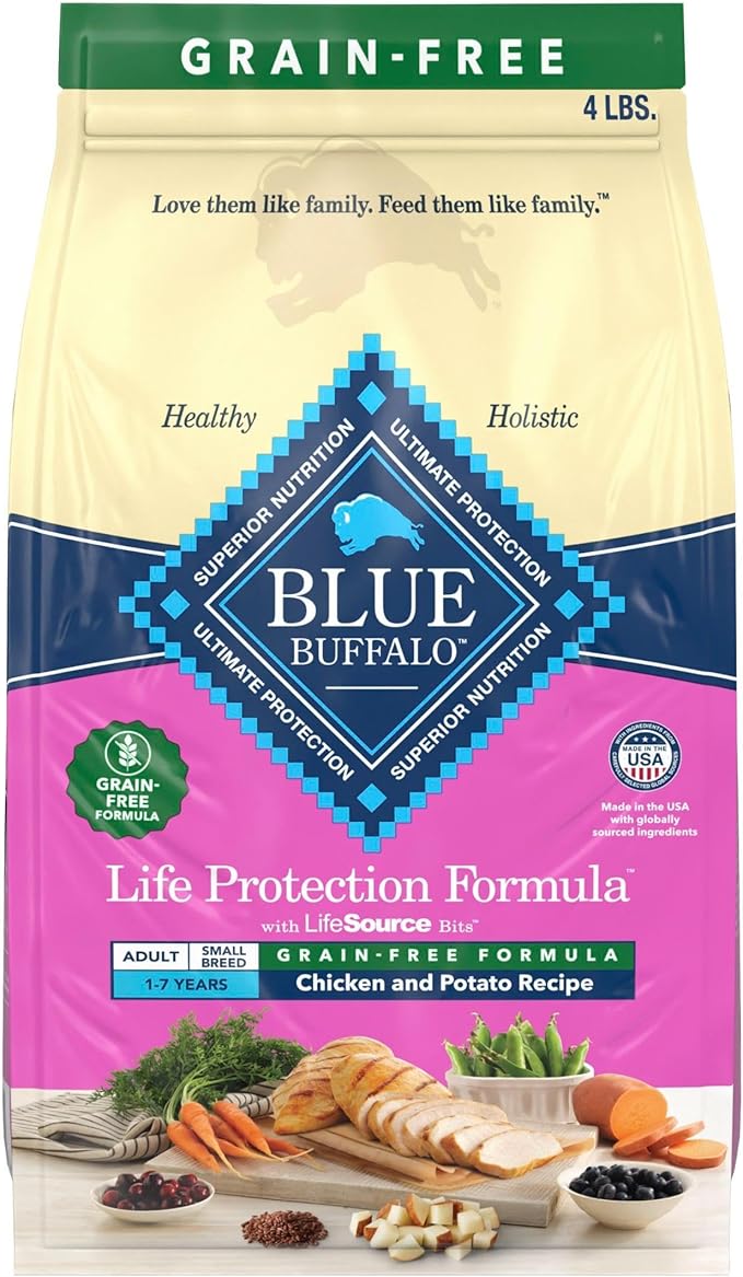 Blue Buffalo Life Protection Formula Natural Grain Free Small Breed Adult Dry Dog Food, with Chicken and Potatoes, 4 lb. Bag