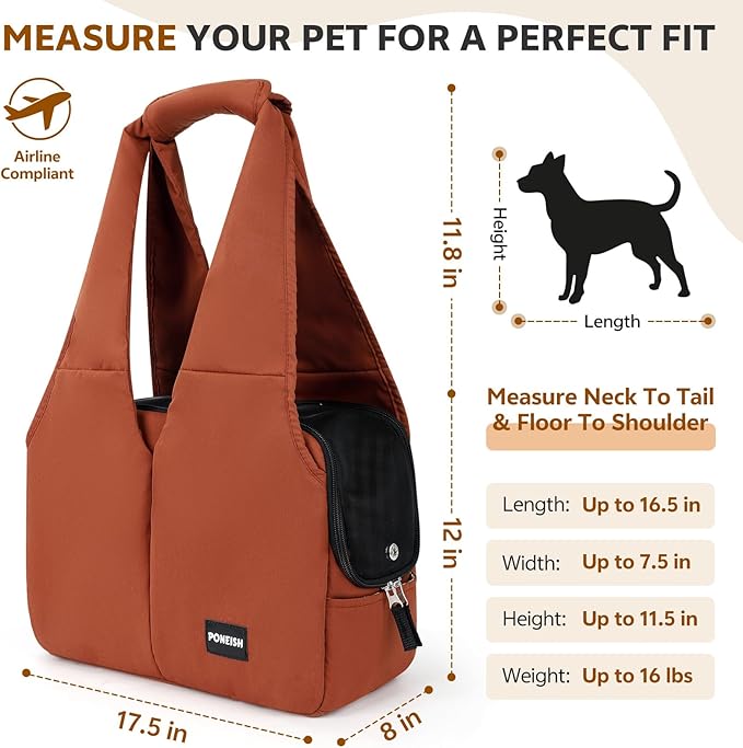Dog Purse Carrier for Small Dogs and Cats, Soft-Sided Pet Tote Bag with 6 Large Pockets, Collapsible Travel Puppy Carrier, Fits Pets up to 16 lbs (Caramel, 17.5" L x 8" W x 12" H)