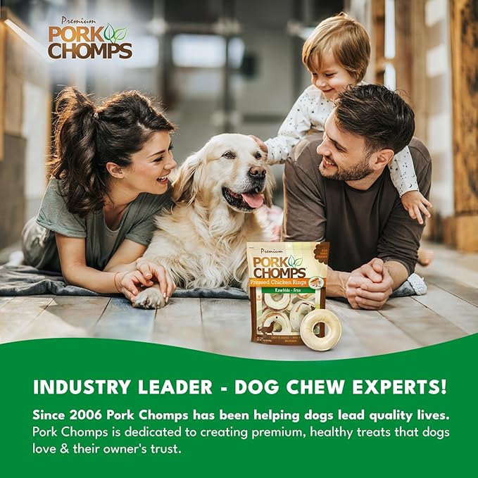 Pork Chomps Pressed Pork Skin Dog Chews, 2.5 Inch Rings, Real Chicken, 8 Count, Pack of 1 - Long-Lasting Treats for Dogs - High Protein, Rawhide-Free, Low Fat, Healthy & Delicious Chews