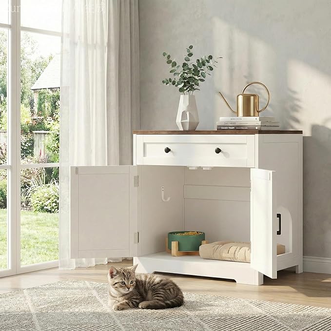 Cat Litter Box Enclosure with Storage Drawers, Hidden Litter Box Wooden Furniture, Modern Farmhouse Indoor Cat House, Multifunctional Side Table, White