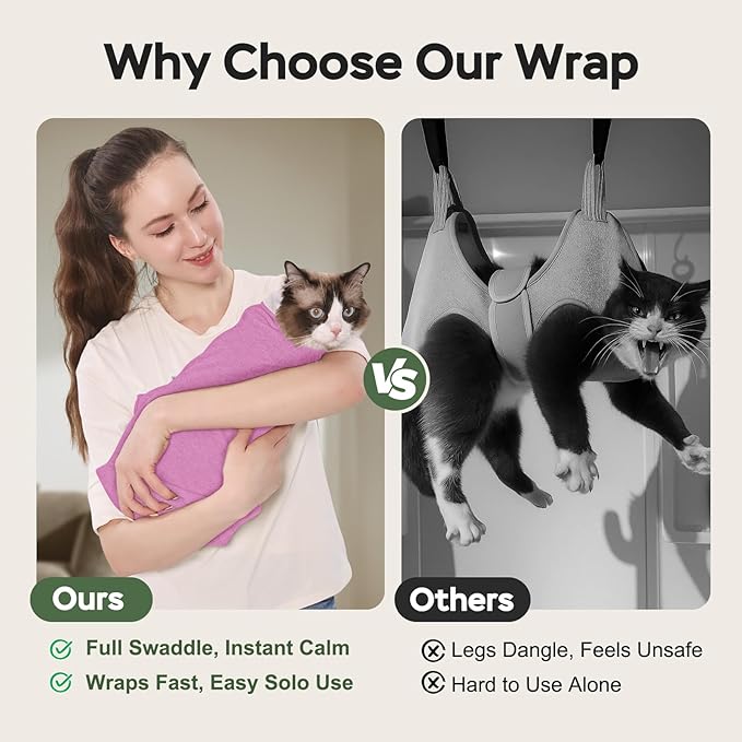 Cat Wrap for Cutting Nails, Self-Adhesive Cat Nail Clipping Restraint Bag, Anti-Scratch Cat Grooming Swaddle for Meds, SubQ Fluids, Ear Cleaning, Teeth Brushing & Vet Visits,Pinkish Purple,L