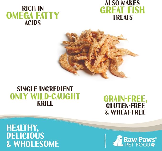 Raw Paws Freeze-Dried Krill Treats for Dogs & Cats (3-Ounce) - Naturally Contains Krill Oil for Dogs, Omega 3 - Freeze Dried Fish Food for Aquatic Fish, Turtles, & Reptiles