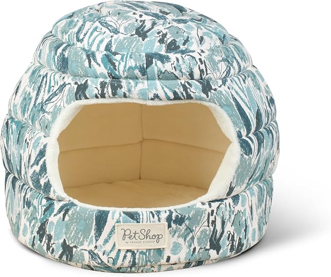Fringe Studio Pastel Floral Soft Teal 2-in-1 Pet Hut/Pet Bed with Removable Cushion 14" H x 15" W x 15" D, 100% Cotton Canvas Exterior w/Foam Filling, Machine Washable, PetShop Collection (209007)