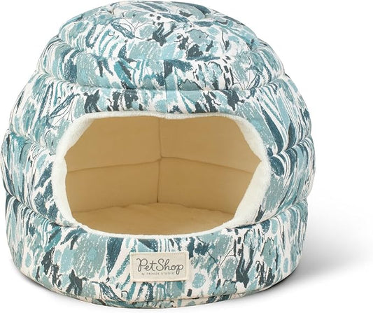 Fringe Studio Pastel Floral Soft Teal 2-in-1 Pet Hut/Pet Bed with Removable Cushion 14" H x 15" W x 15" D, 100% Cotton Canvas Exterior w/Foam Filling, Machine Washable, PetShop Collection (209007)