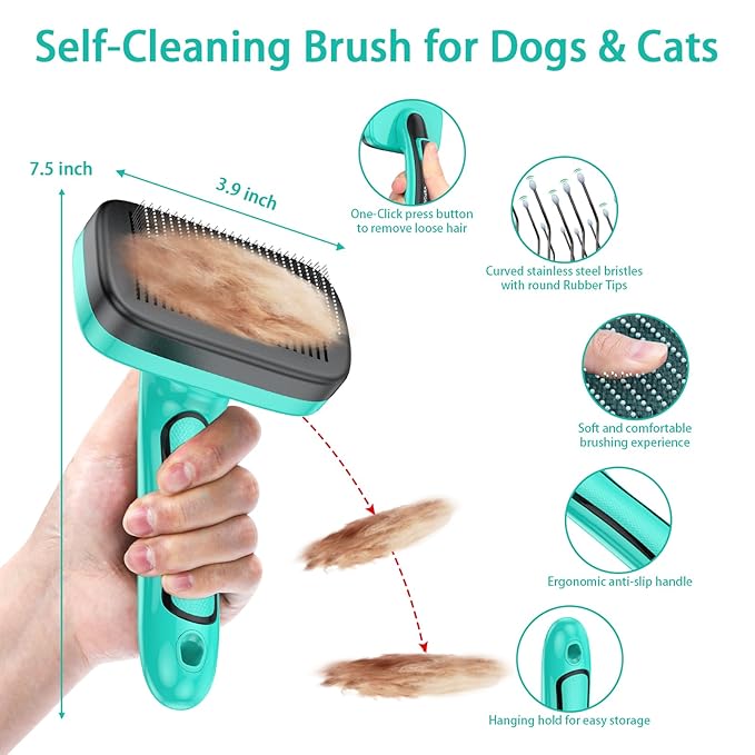 5 PCS Self Cleaning Slicker Brush & Pet Grooming Rake & Bath Brush & Nail Clippers & Pet Comb for Dogs and Cats,Professional Deshedding Dematting Tool for Long and Short Haired Pets