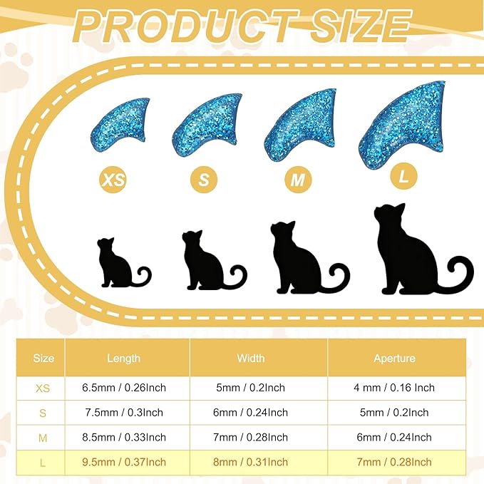 Cat Nail Caps, Cat Claw Covers with Adhesive Glue and Applicators, Kitten Claw Caps Soft Paws, (40 Pcs, L, Crystal Blue), Intended for Pet Tips/Nail Covers/Control Paws
