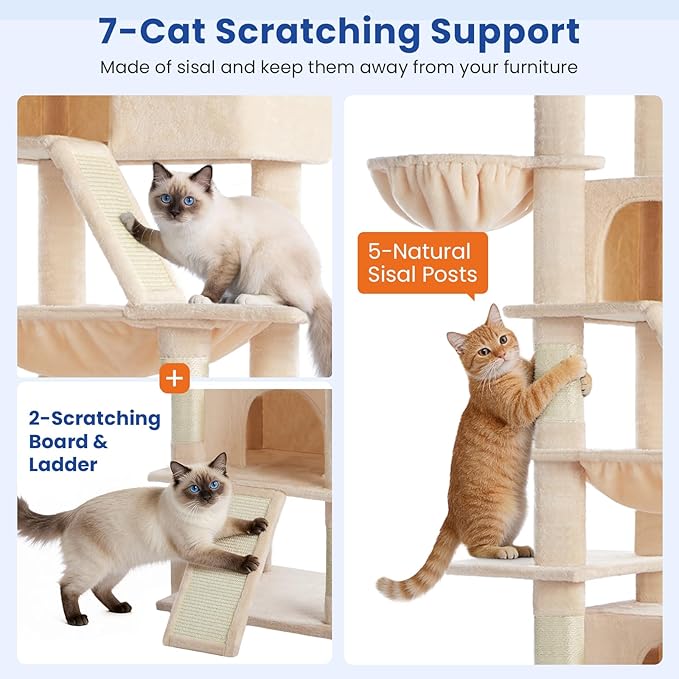 ABCPET Cat Tree 82 in Multi-Level Cat Tower for Indoor Cats, Heavy Duty Large Cat Tree with Sisal Scratching Posts, Hammock, 2 Perches, 2 Condos, 2 Hanging Baskets, Beige