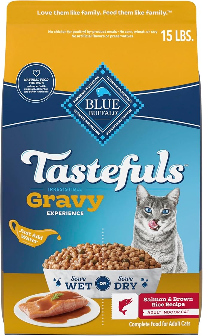 Blue Buffalo Tastefuls Irresistible Gravy Experience Adult Indoor Cat Dry Food, Salmon & Brown Rice Recipe, 15-lb. Bag