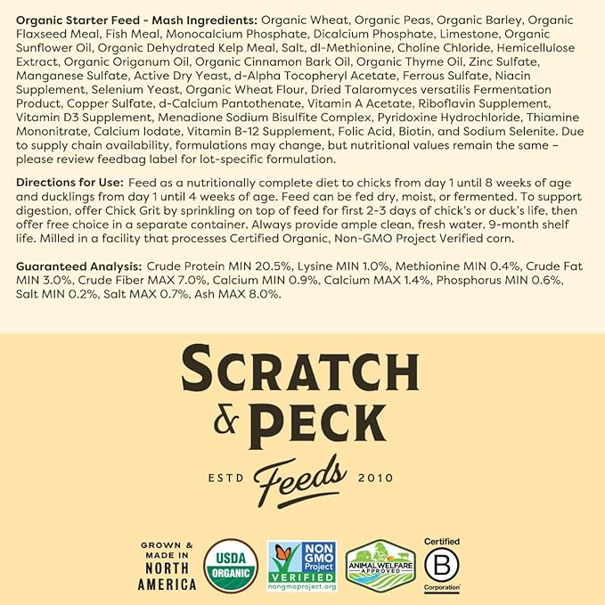 Scratch and Peck Whole Grain Starter Mash for Baby Chicks and Ducklings - 10 lb Bag - Corn and Soy-Free Feed with 20.5% Protein, Certified Organic and Non-GMO