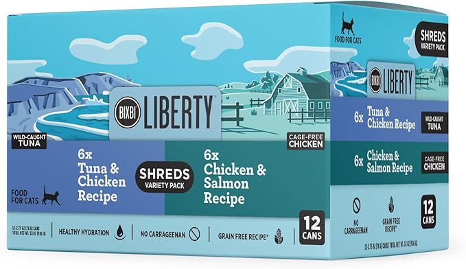 BIXBI Liberty Wet Cat Food Shreds Variety Pack Featuring Chicken/Salmon Recipe & Tuna/Chicken Recipe – (2.75 Ounce Cans, Case of 12)